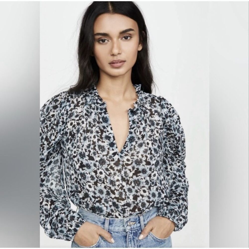 Shoshanna Joelle Blue Floral Sheer Draped Sleeves Flirty Ruffle Blouse Top Siz S